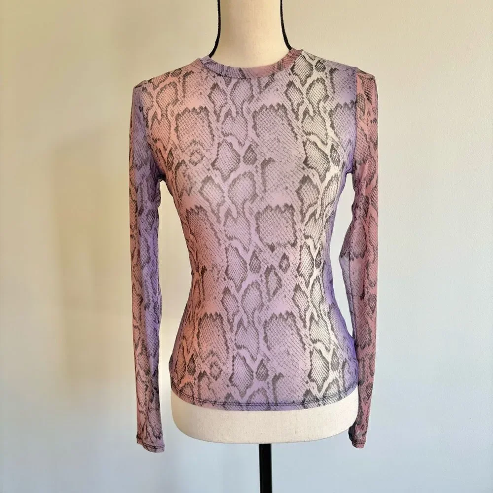AFRM Sunny Long Sleeve Mesh Purple Ombre Snake Print Top Sz S
